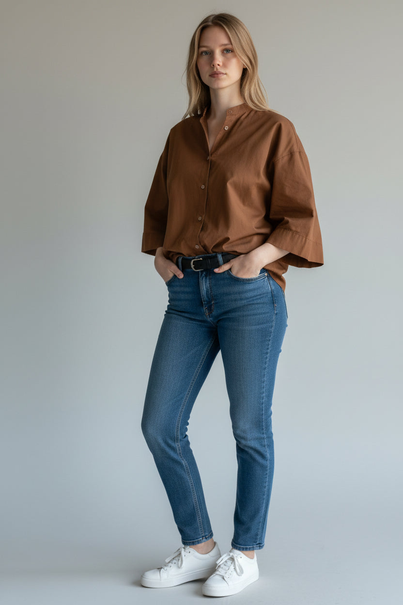 Relaxed V-Neck Office Blouse
