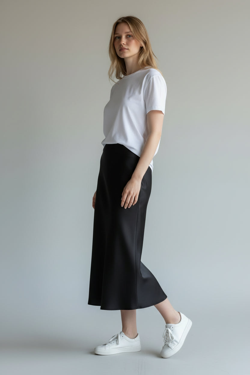 Satin High-Waist Midi Skirt