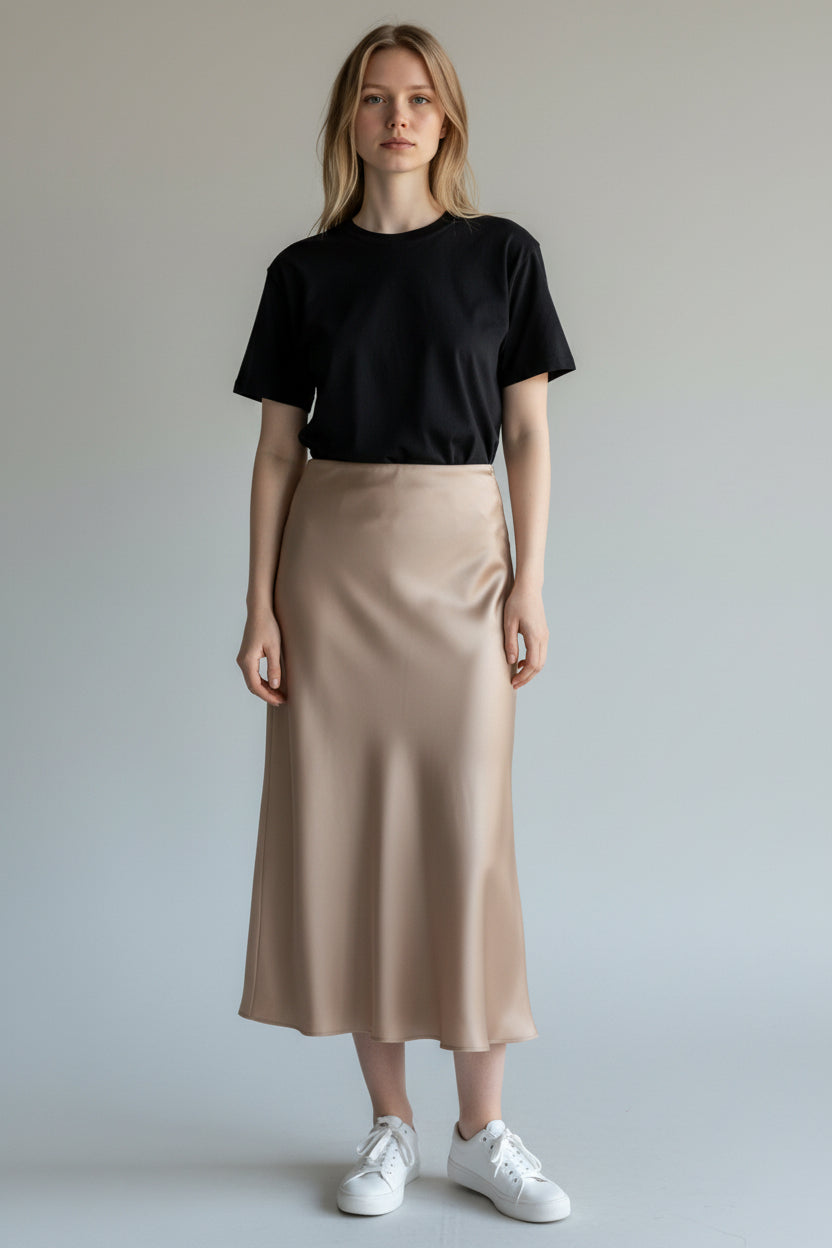 Satin High-Waist Midi Skirt