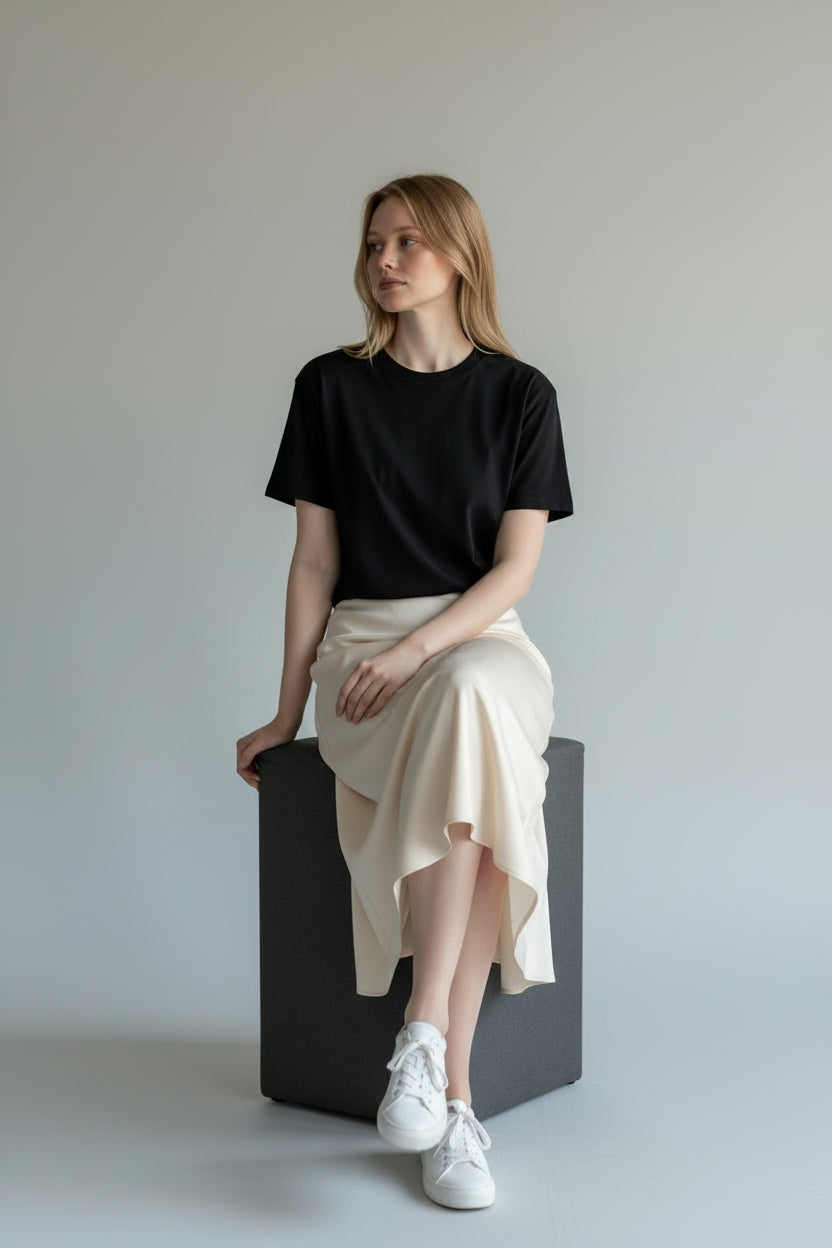 Satin High-Waist Midi Skirt