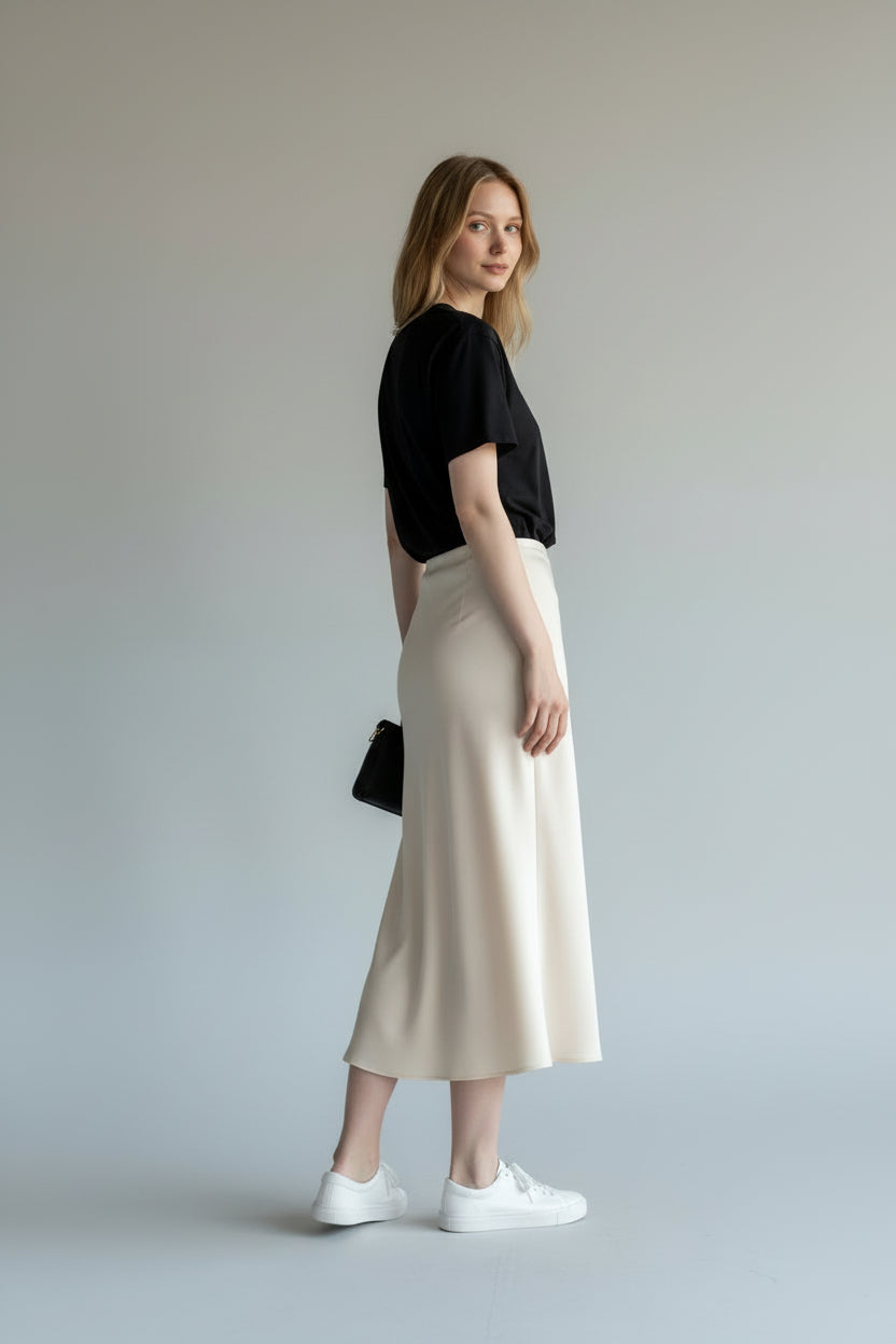 Satin High-Waist Midi Skirt