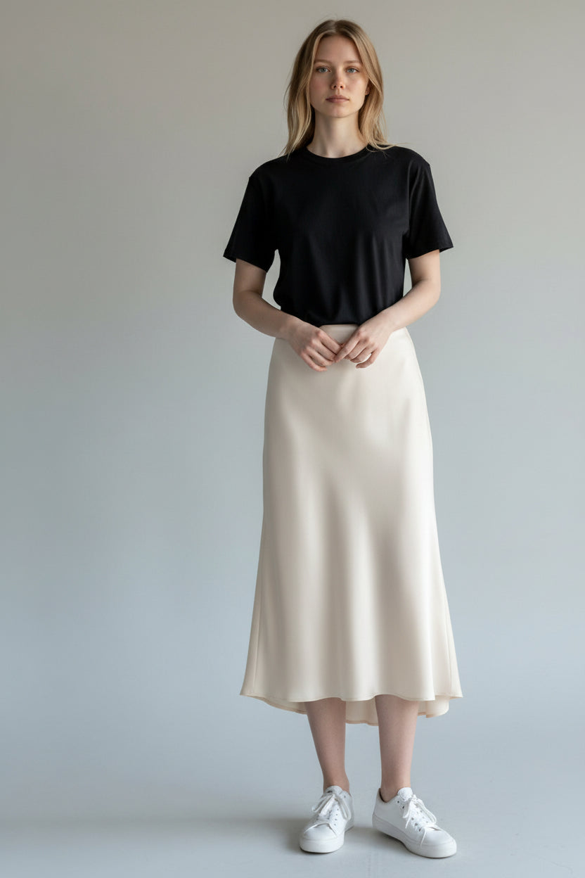 Satin High-Waist Midi Skirt