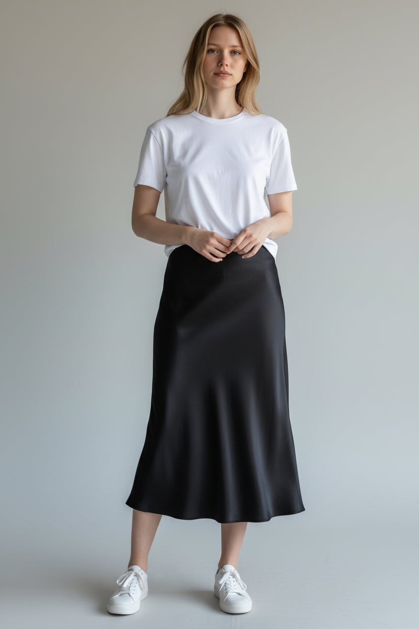 Satin High-Waist Midi Skirt