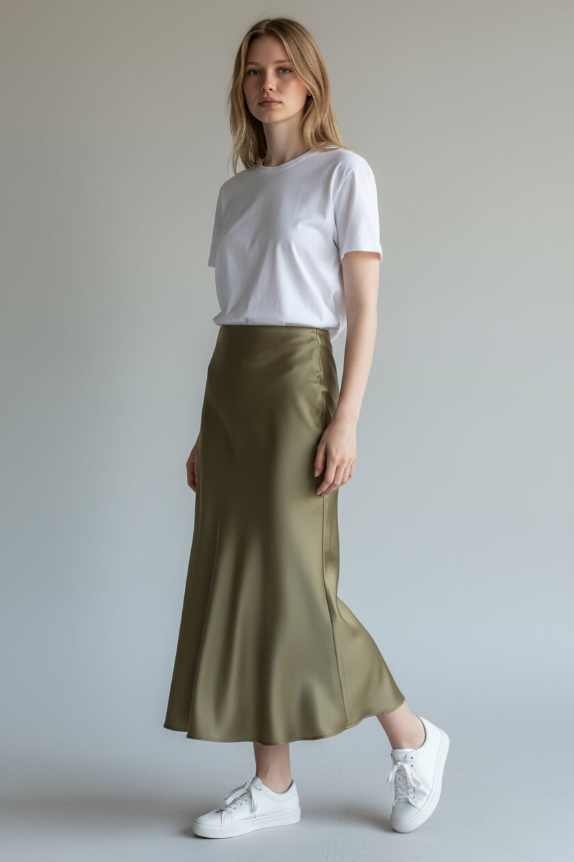 Satin High-Waist Midi Skirt